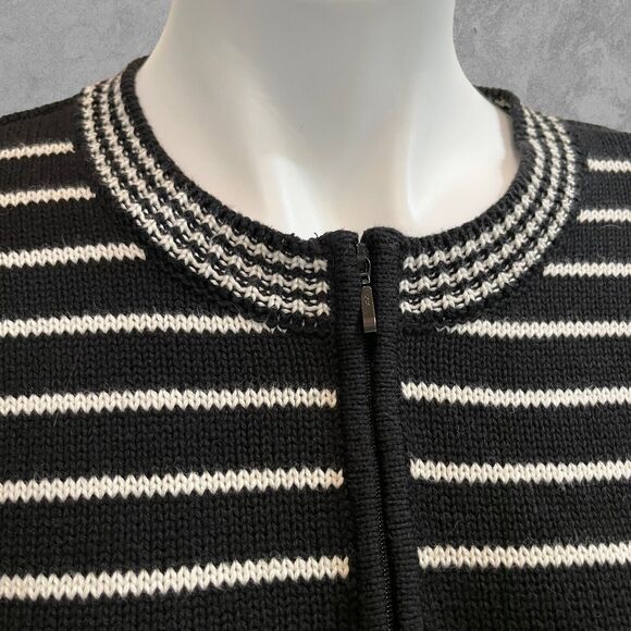 Talbots Striped Cardigan Sweater Large Black White Zip Up Preppy Academia Office - Picture 2 of 7